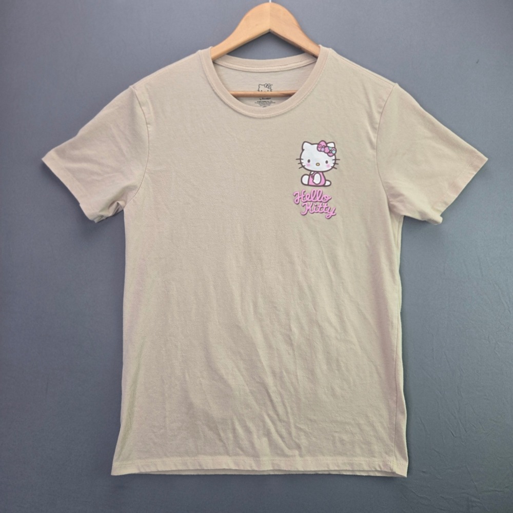 Sanrio Hello Kitty Graphic T-Shirt S Tan Beige Heart Back Print Short Sleeve Tee